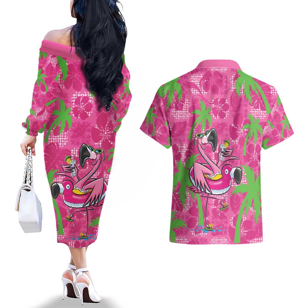 Aloha Hawaii Christmas Couples Matching Off The Shoulder Long Sleeve Dress and Hawaiian Shirt Mele Kalikimaka Chill Flamingo Palaka Quilt Motifs - Polynesian Pride