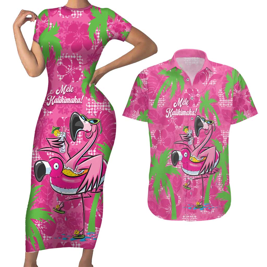 Aloha Hawaii Christmas Couples Matching Short Sleeve Bodycon Dress and Hawaiian Shirt Mele Kalikimaka Chill Flamingo Palaka Quilt Motifs - Polynesian Pride