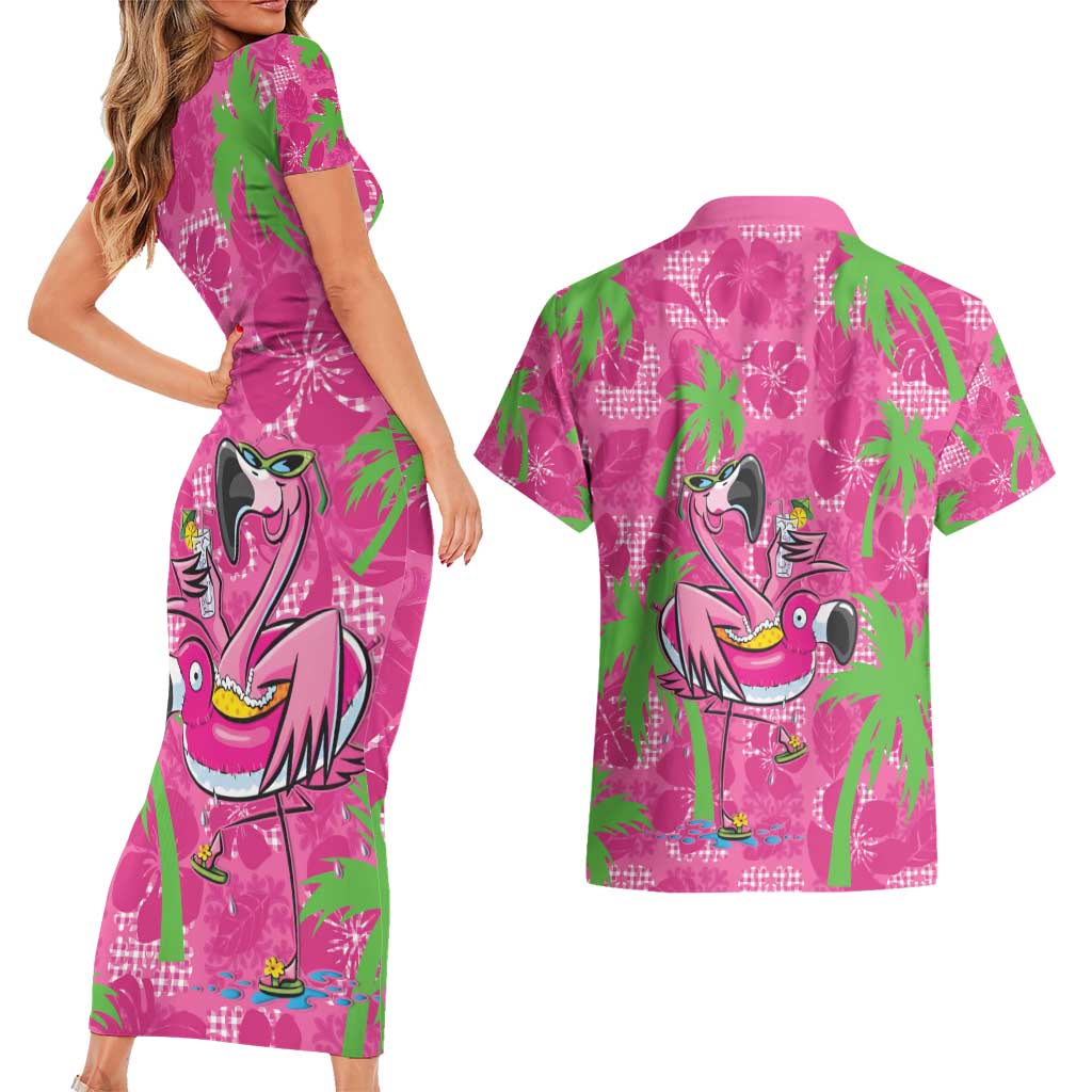 Aloha Hawaii Christmas Couples Matching Short Sleeve Bodycon Dress and Hawaiian Shirt Mele Kalikimaka Chill Flamingo Palaka Quilt Motifs - Polynesian Pride