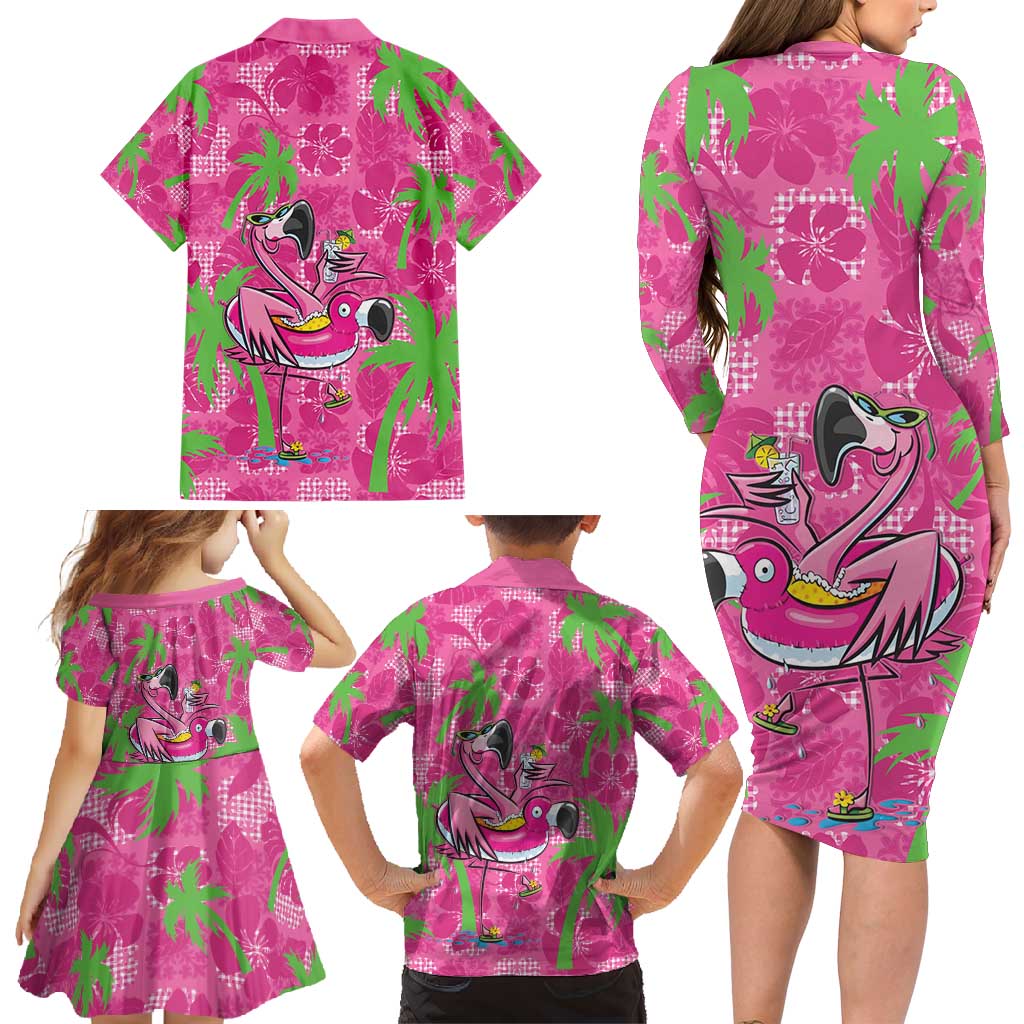 Aloha Hawaii Christmas Family Matching Long Sleeve Bodycon Dress and Hawaiian Shirt Mele Kalikimaka Chill Flamingo Palaka Quilt Motifs - Polynesian Pride