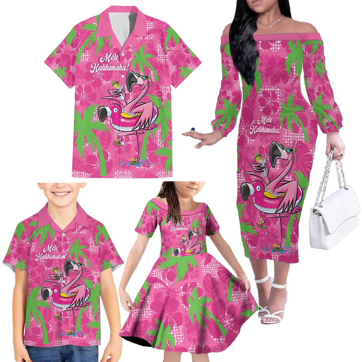 Aloha Hawaii Christmas Family Matching Off The Shoulder Long Sleeve Dress and Hawaiian Shirt Mele Kalikimaka Chill Flamingo Palaka Quilt Motifs - Polynesian Pride