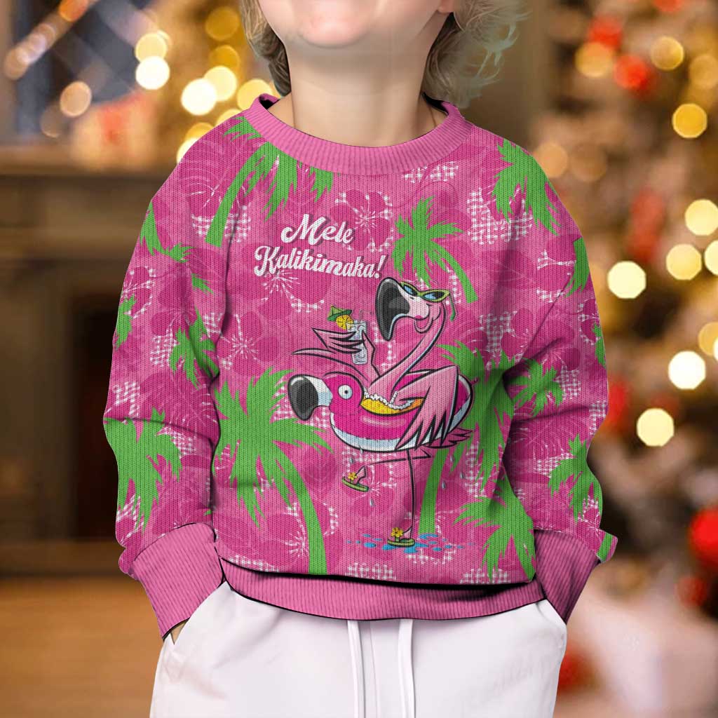 Aloha Hawaii Christmas Kid Ugly Christmas Sweater Mele Kalikimaka Chill Flamingo Palaka Quilt Motifs - Polynesian Pride