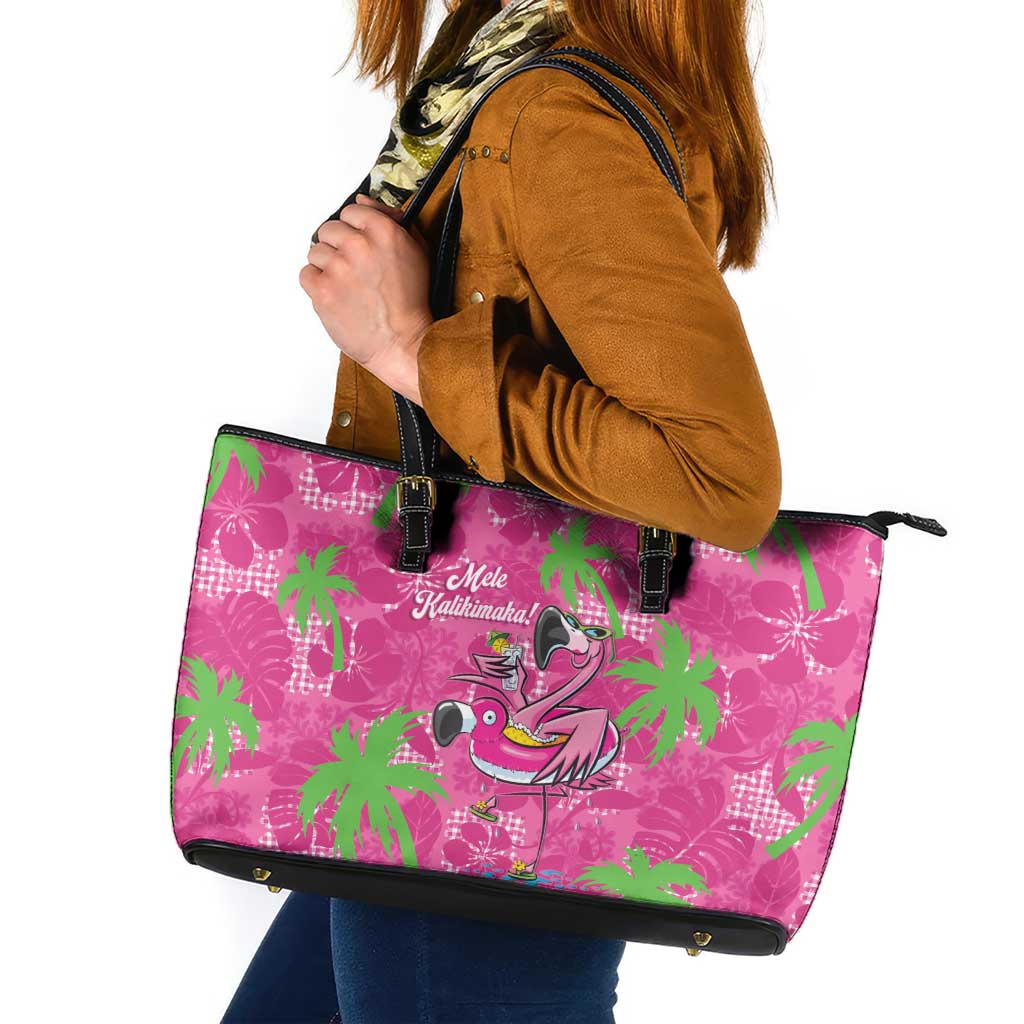 Aloha Hawaii Christmas Leather Tote Bag Mele Kalikimaka Chill Flamingo Palaka Quilt Motifs - Polynesian Pride