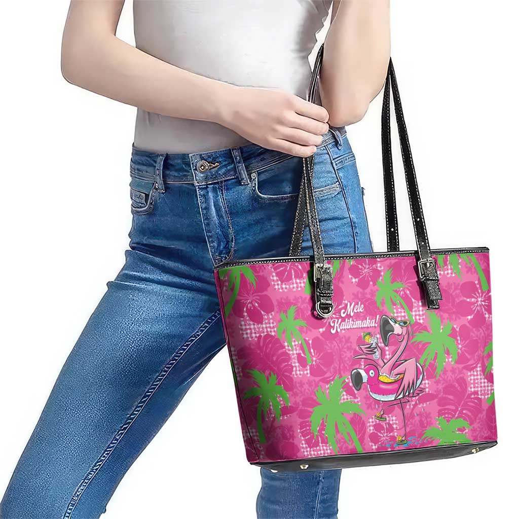 Aloha Hawaii Christmas Leather Tote Bag Mele Kalikimaka Chill Flamingo Palaka Quilt Motifs - Polynesian Pride