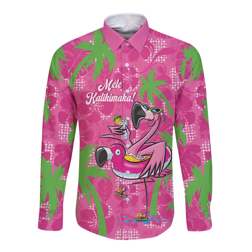 Aloha Hawaii Christmas Long Sleeve Button Shirt Mele Kalikimaka Chill Flamingo Palaka Quilt Motifs - Polynesian Pride