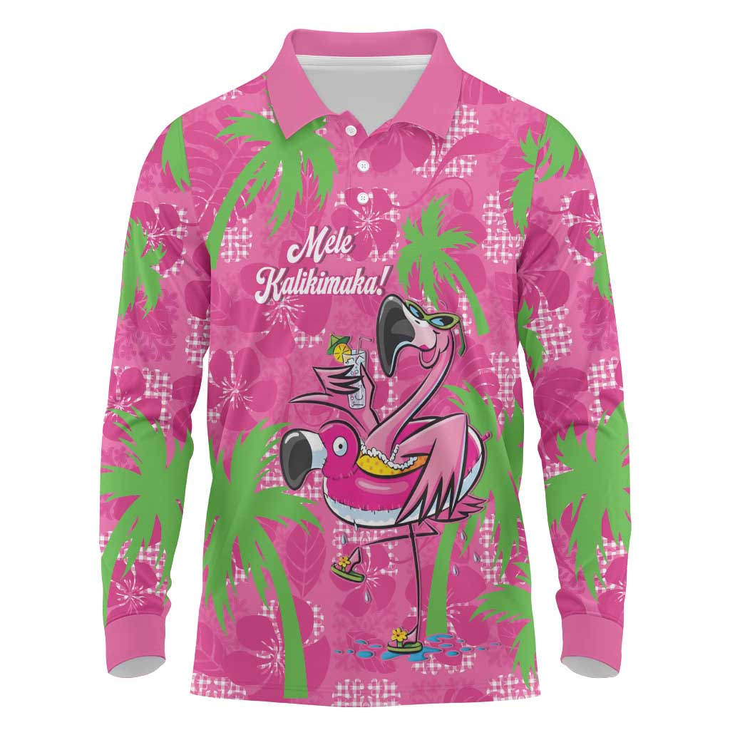 Aloha Hawaii Christmas Long Sleeve Polo Shirt Mele Kalikimaka Chill Flamingo Palaka Quilt Motifs - Polynesian Pride