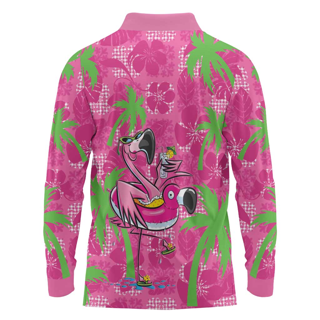 Aloha Hawaii Christmas Long Sleeve Polo Shirt Mele Kalikimaka Chill Flamingo Palaka Quilt Motifs - Polynesian Pride