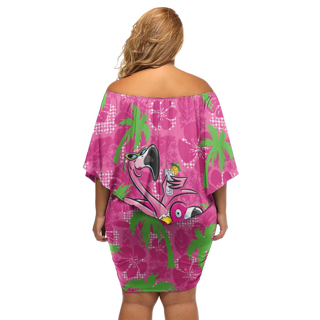 Aloha Hawaii Christmas Off Shoulder Short Dress Mele Kalikimaka Chill Flamingo Palaka Quilt Motifs - Polynesian Pride
