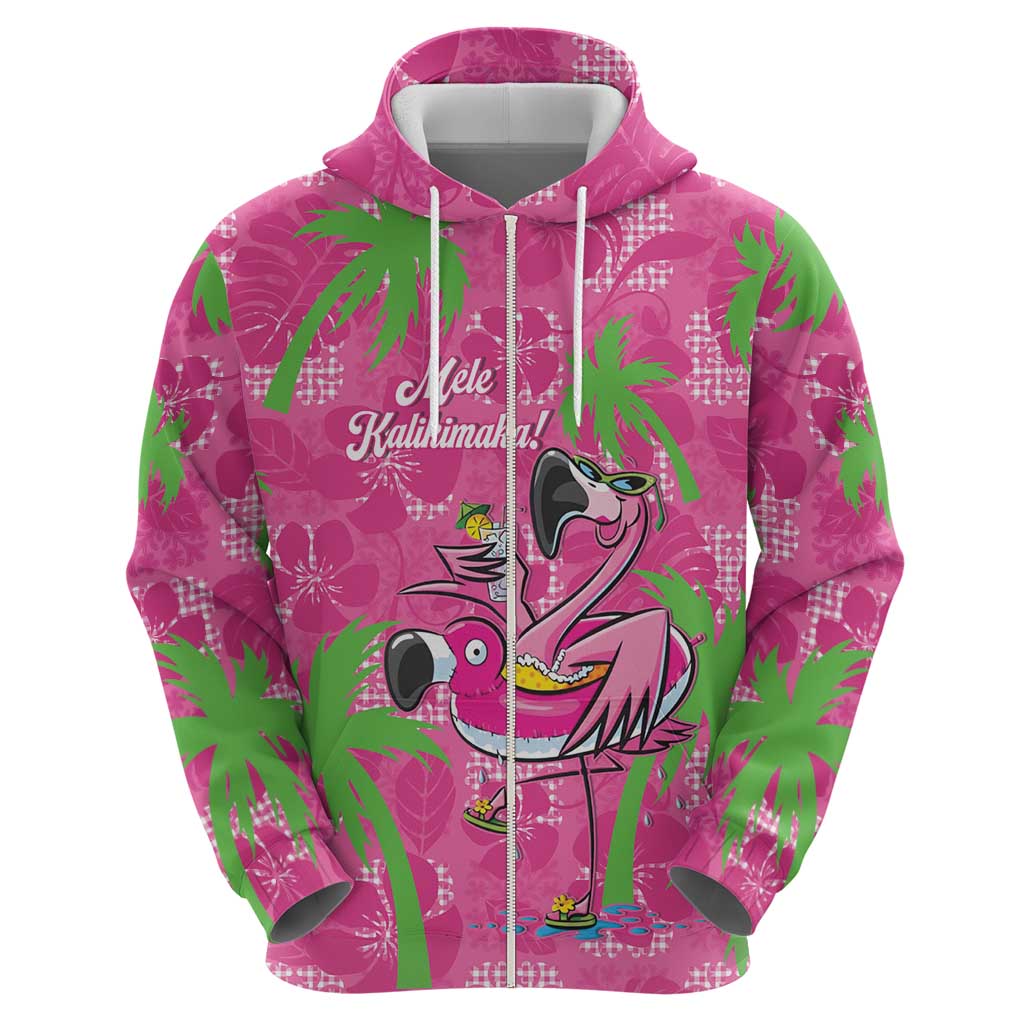 Aloha Hawaii Christmas Zip Hoodie Mele Kalikimaka Chill Flamingo Palaka Quilt Motifs - Polynesian Pride