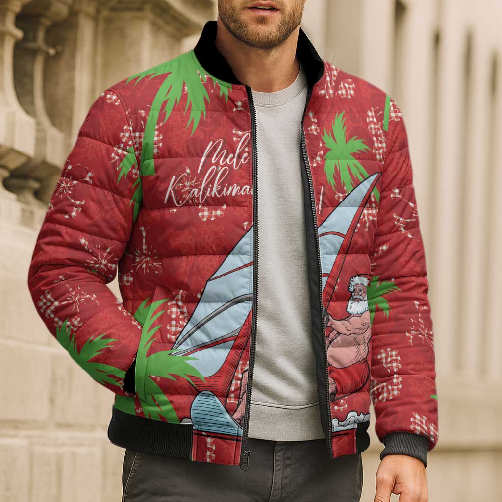 Aloha Hawaii Christmas Bomber Puffer Jacket Mele Kalikimaka Windsurfing Santa Palaka Quilt Motifs - Polynesian Pride