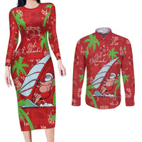 Aloha Hawaii Christmas Couples Matching Long Sleeve Bodycon Dress and Long Sleeve Button Shirt Mele Kalikimaka Windsurfing Santa Palaka Quilt Motifs - Polynesian Pride