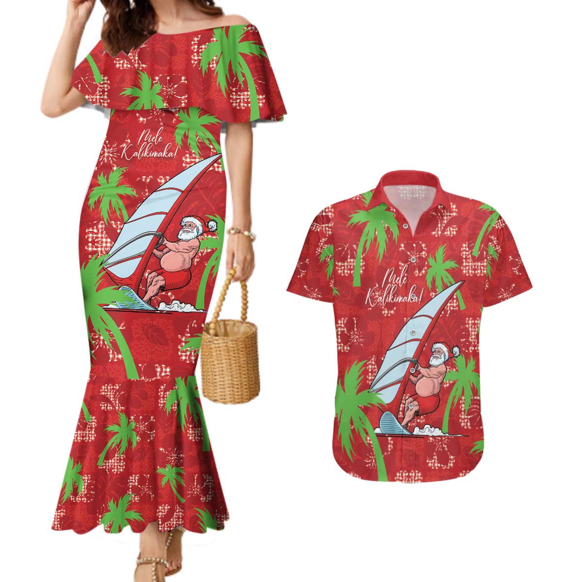 Aloha Hawaii Christmas Couples Matching Mermaid Dress and Hawaiian Shirt Mele Kalikimaka Windsurfing Santa Palaka Quilt Motifs - Polynesian Pride