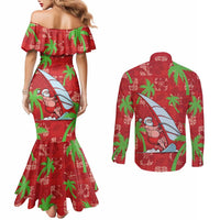 Aloha Hawaii Christmas Couples Matching Mermaid Dress and Long Sleeve Button Shirt Mele Kalikimaka Windsurfing Santa Palaka Quilt Motifs - Polynesian Pride