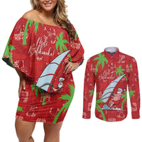 Aloha Hawaii Christmas Couples Matching Off Shoulder Short Dress and Long Sleeve Button Shirt Mele Kalikimaka Windsurfing Santa Palaka Quilt Motifs - Polynesian Pride