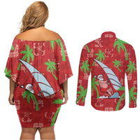 Aloha Hawaii Christmas Couples Matching Off Shoulder Short Dress and Long Sleeve Button Shirt Mele Kalikimaka Windsurfing Santa Palaka Quilt Motifs - Polynesian Pride