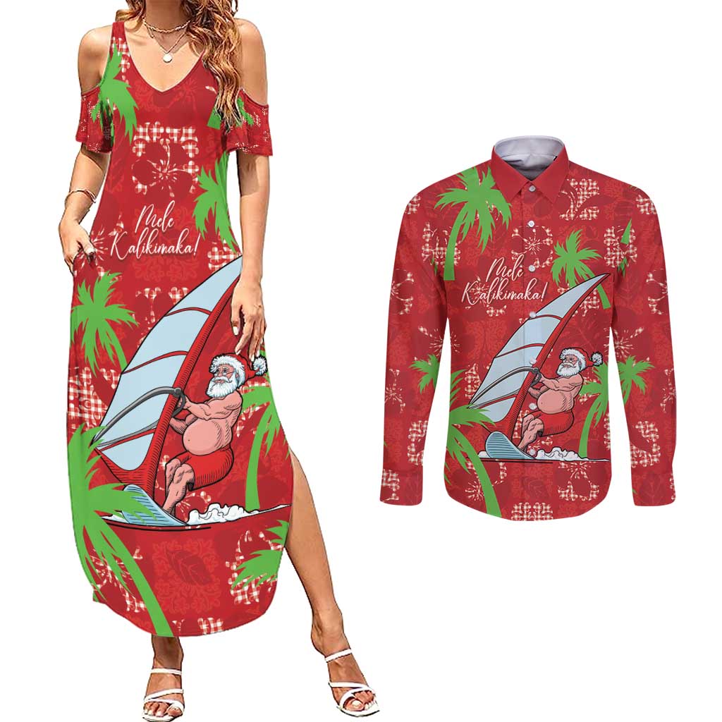 Aloha Hawaii Christmas Couples Matching Summer Maxi Dress and Long Sleeve Button Shirt Mele Kalikimaka Windsurfing Santa Palaka Quilt Motifs - Polynesian Pride
