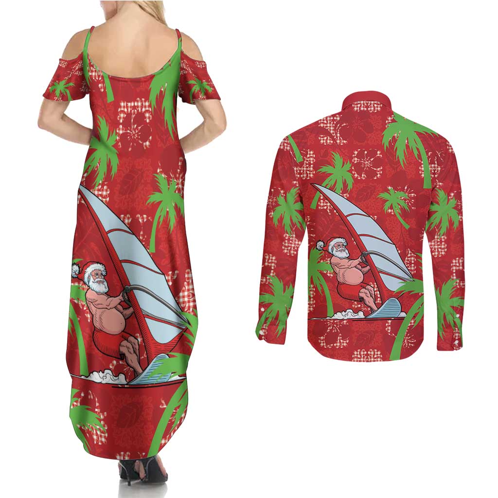 Aloha Hawaii Christmas Couples Matching Summer Maxi Dress and Long Sleeve Button Shirt Mele Kalikimaka Windsurfing Santa Palaka Quilt Motifs - Polynesian Pride