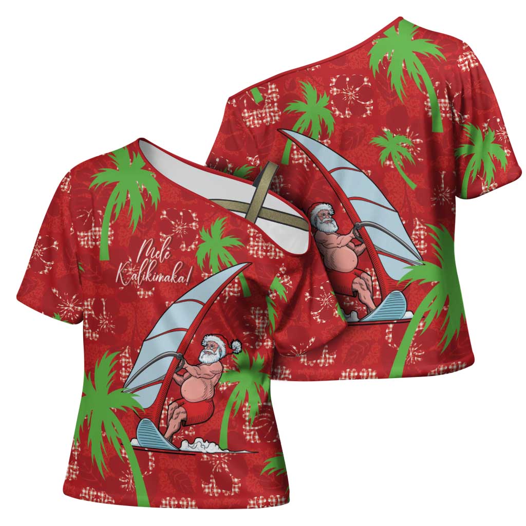 Aloha Hawaii Christmas Cross Shoulder Shirt Mele Kalikimaka Windsurfing Santa Palaka Quilt Motifs - Polynesian Pride