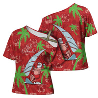 Aloha Hawaii Christmas Cross Shoulder Shirt Mele Kalikimaka Windsurfing Santa Palaka Quilt Motifs - Polynesian Pride