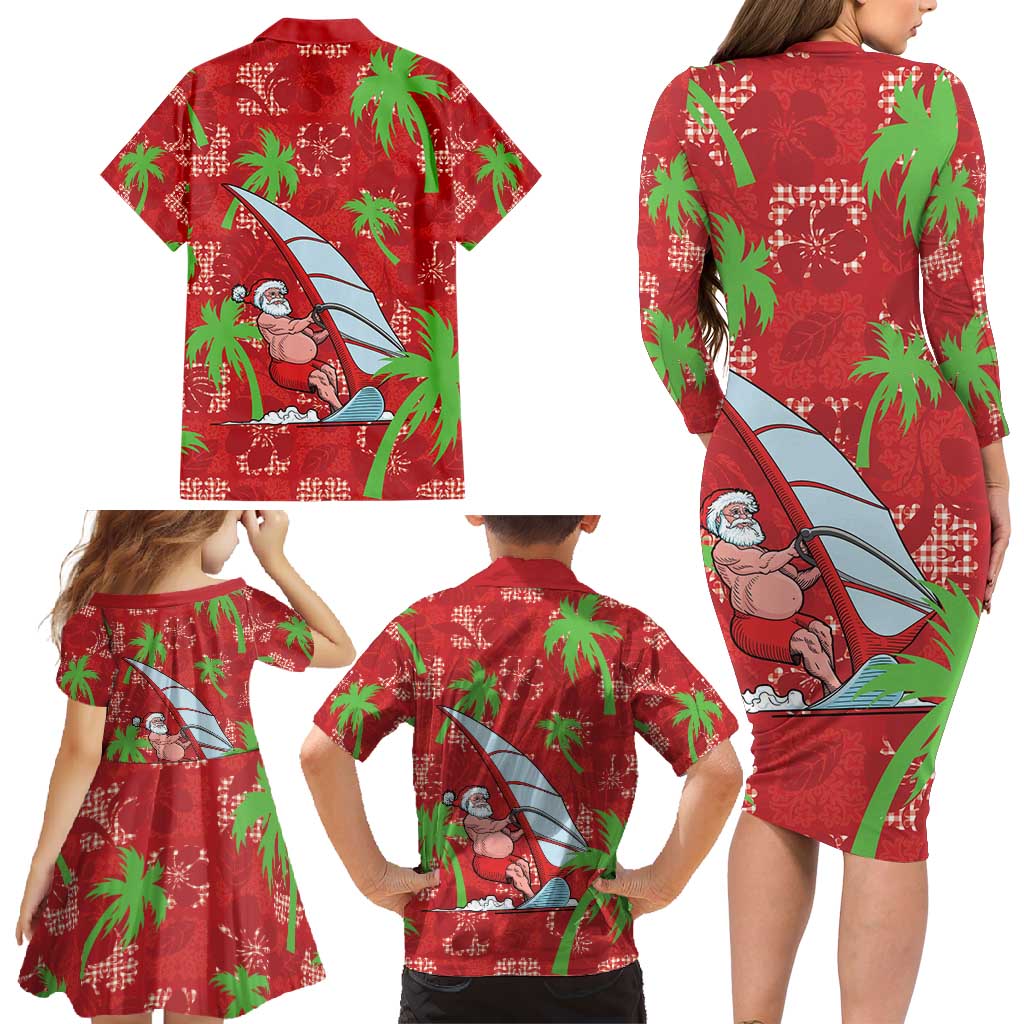 Aloha Hawaii Christmas Family Matching Long Sleeve Bodycon Dress and Hawaiian Shirt Mele Kalikimaka Windsurfing Santa Palaka Quilt Motifs - Polynesian Pride