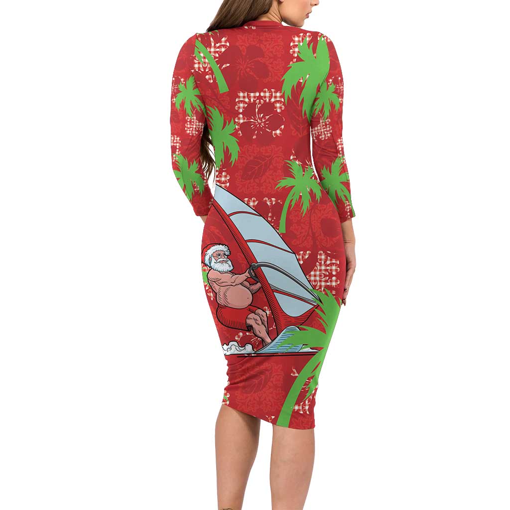 Aloha Hawaii Christmas Family Matching Long Sleeve Bodycon Dress and Hawaiian Shirt Mele Kalikimaka Windsurfing Santa Palaka Quilt Motifs - Polynesian Pride