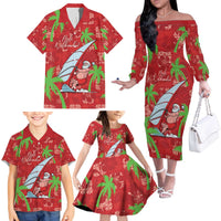 Aloha Hawaii Christmas Family Matching Off The Shoulder Long Sleeve Dress and Hawaiian Shirt Mele Kalikimaka Windsurfing Santa Palaka Quilt Motifs - Polynesian Pride