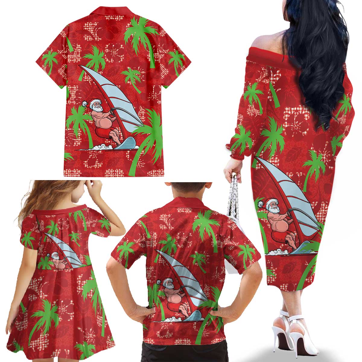 Aloha Hawaii Christmas Family Matching Off The Shoulder Long Sleeve Dress and Hawaiian Shirt Mele Kalikimaka Windsurfing Santa Palaka Quilt Motifs - Polynesian Pride