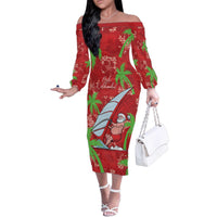 Aloha Hawaii Christmas Family Matching Off The Shoulder Long Sleeve Dress and Hawaiian Shirt Mele Kalikimaka Windsurfing Santa Palaka Quilt Motifs - Polynesian Pride