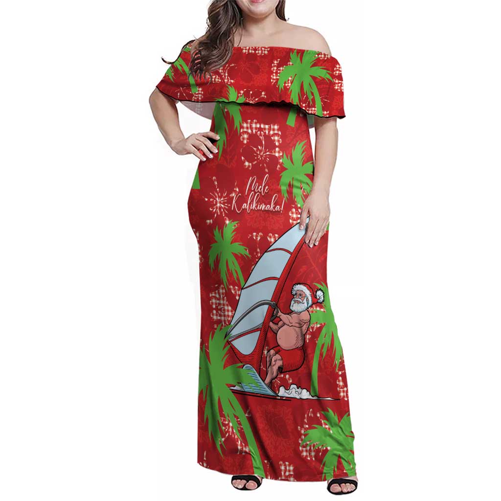 Aloha Hawaii Christmas Family Matching Off Shoulder Maxi Dress and Hawaiian Shirt Mele Kalikimaka Windsurfing Santa Palaka Quilt Motifs - Polynesian Pride