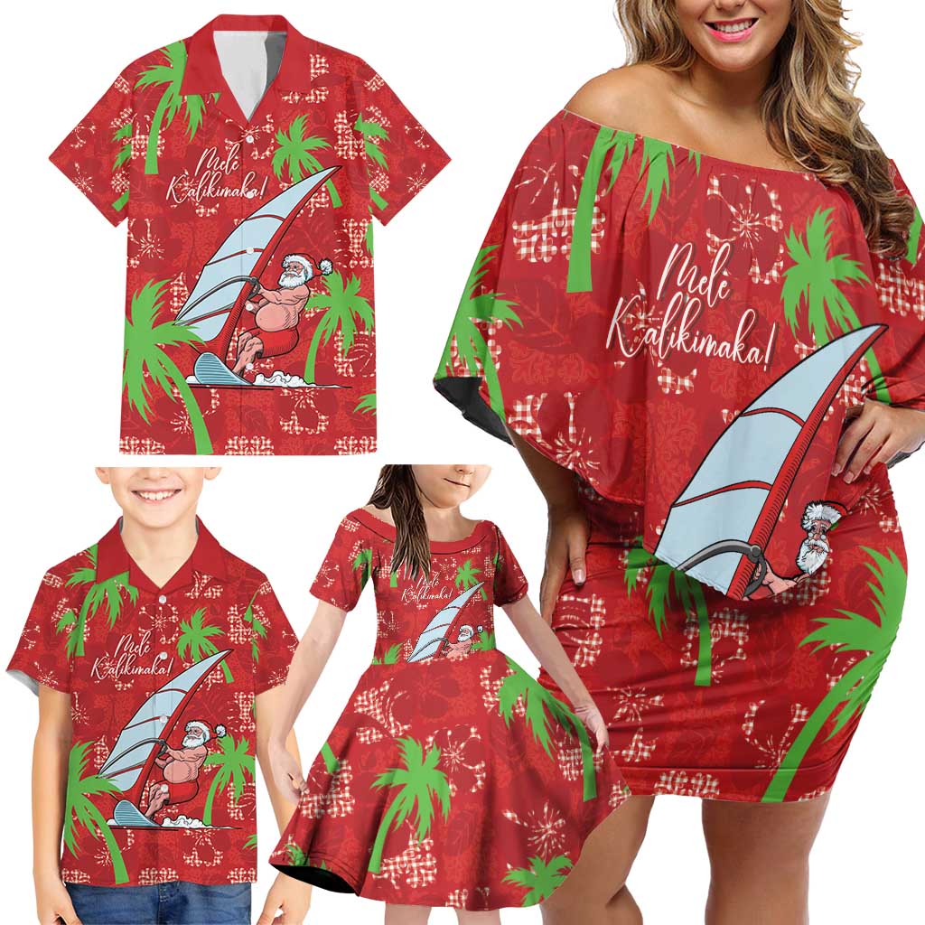 Aloha Hawaii Christmas Family Matching Off Shoulder Short Dress and Hawaiian Shirt Mele Kalikimaka Windsurfing Santa Palaka Quilt Motifs - Polynesian Pride