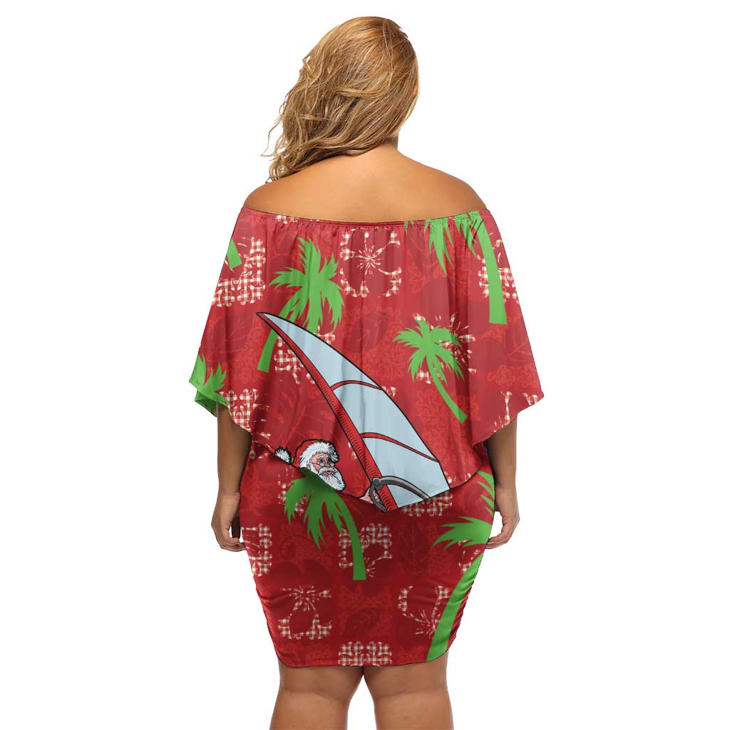 Aloha Hawaii Christmas Family Matching Off Shoulder Short Dress and Hawaiian Shirt Mele Kalikimaka Windsurfing Santa Palaka Quilt Motifs - Polynesian Pride