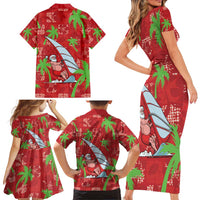 Aloha Hawaii Christmas Family Matching Short Sleeve Bodycon Dress and Hawaiian Shirt Mele Kalikimaka Windsurfing Santa Palaka Quilt Motifs - Polynesian Pride
