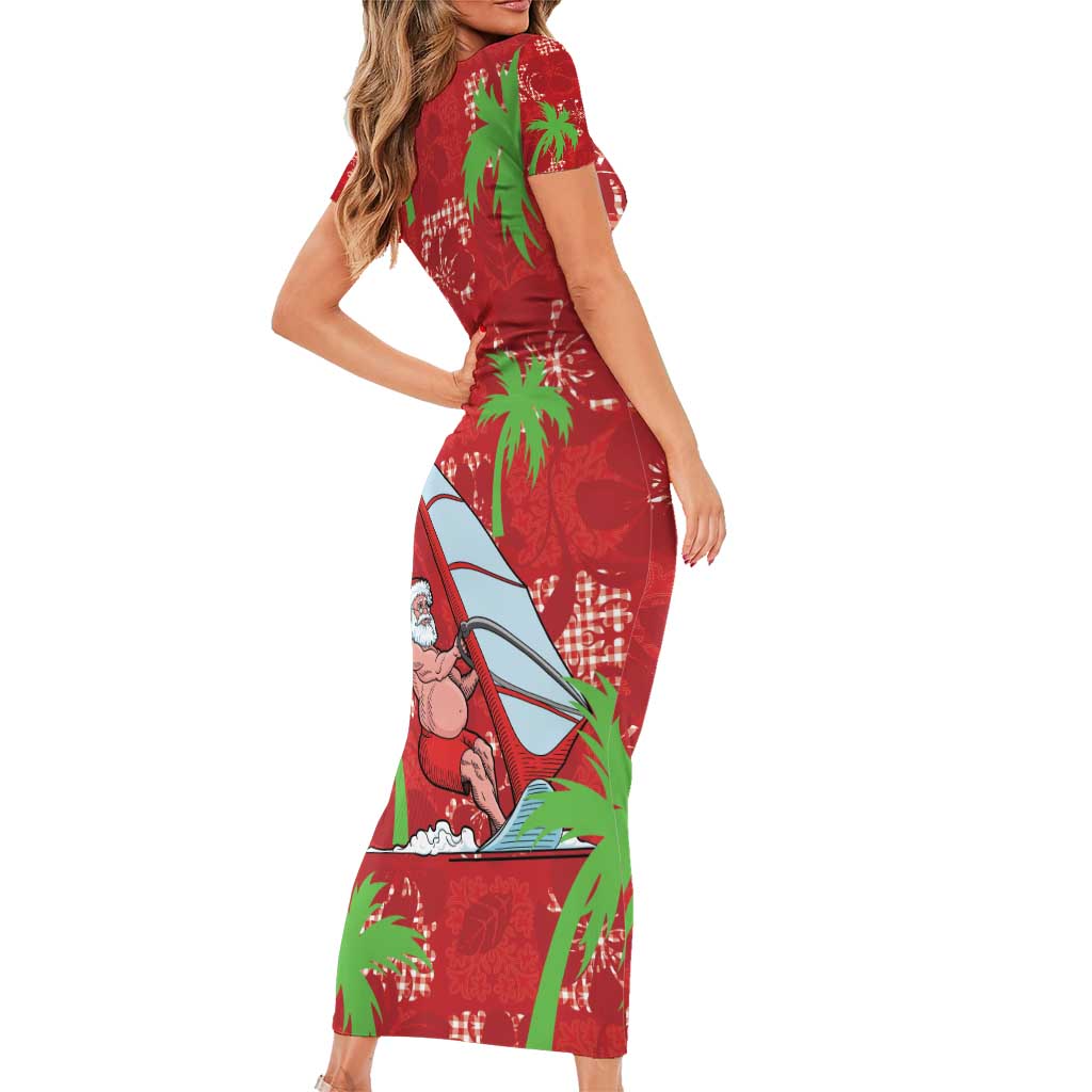 Aloha Hawaii Christmas Family Matching Short Sleeve Bodycon Dress and Hawaiian Shirt Mele Kalikimaka Windsurfing Santa Palaka Quilt Motifs - Polynesian Pride