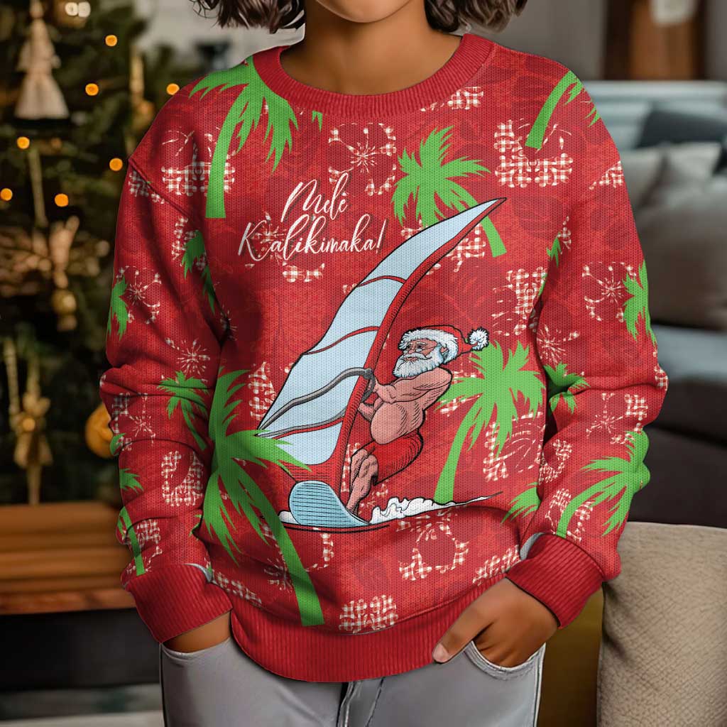 Aloha Hawaii Christmas Kid Ugly Christmas Sweater Mele Kalikimaka Windsurfing Santa Palaka Quilt Motifs - Polynesian Pride