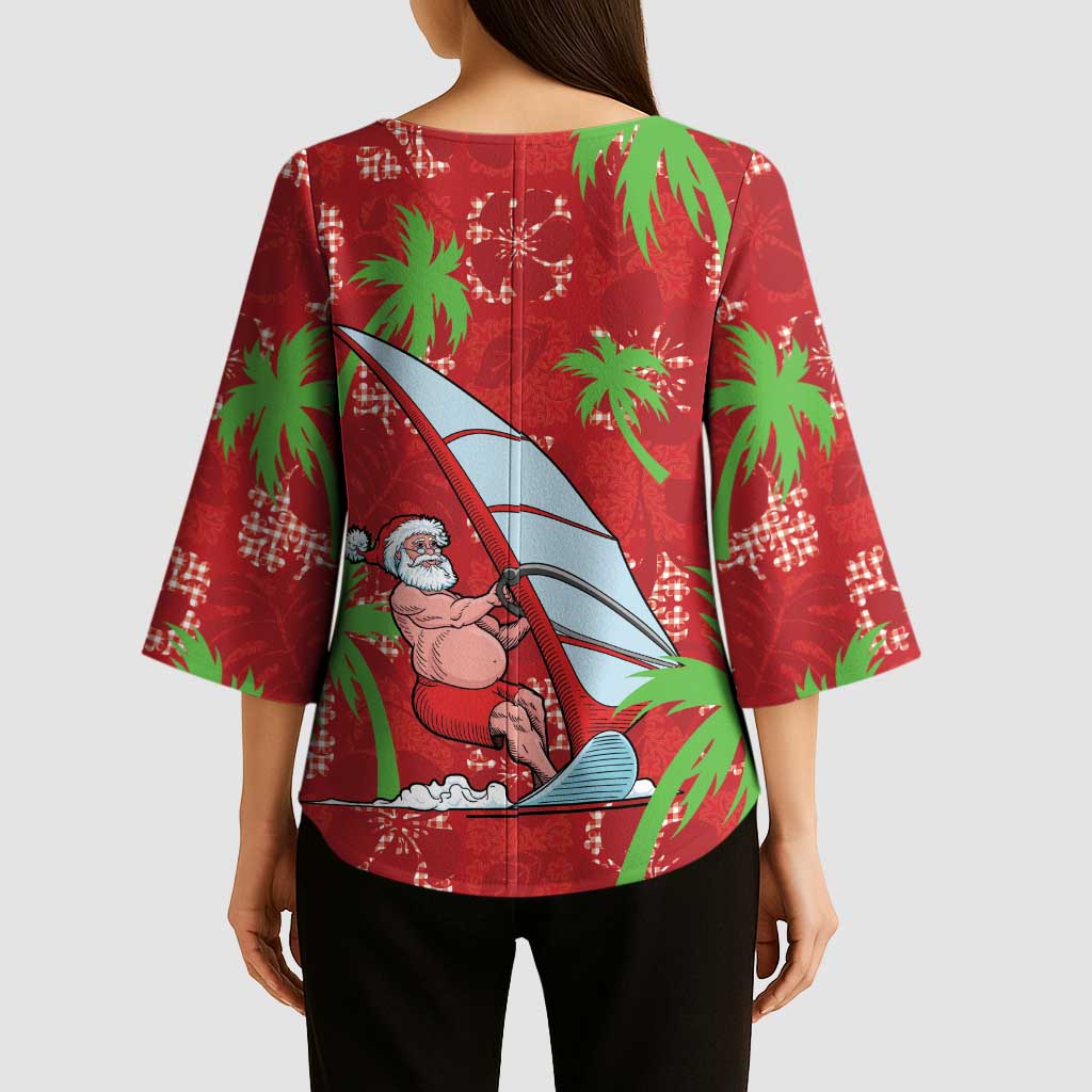 Aloha Hawaii Christmas Kimono Sleeve Blouse Mele Kalikimaka Windsurfing Santa Palaka Quilt Motifs - Polynesian Pride