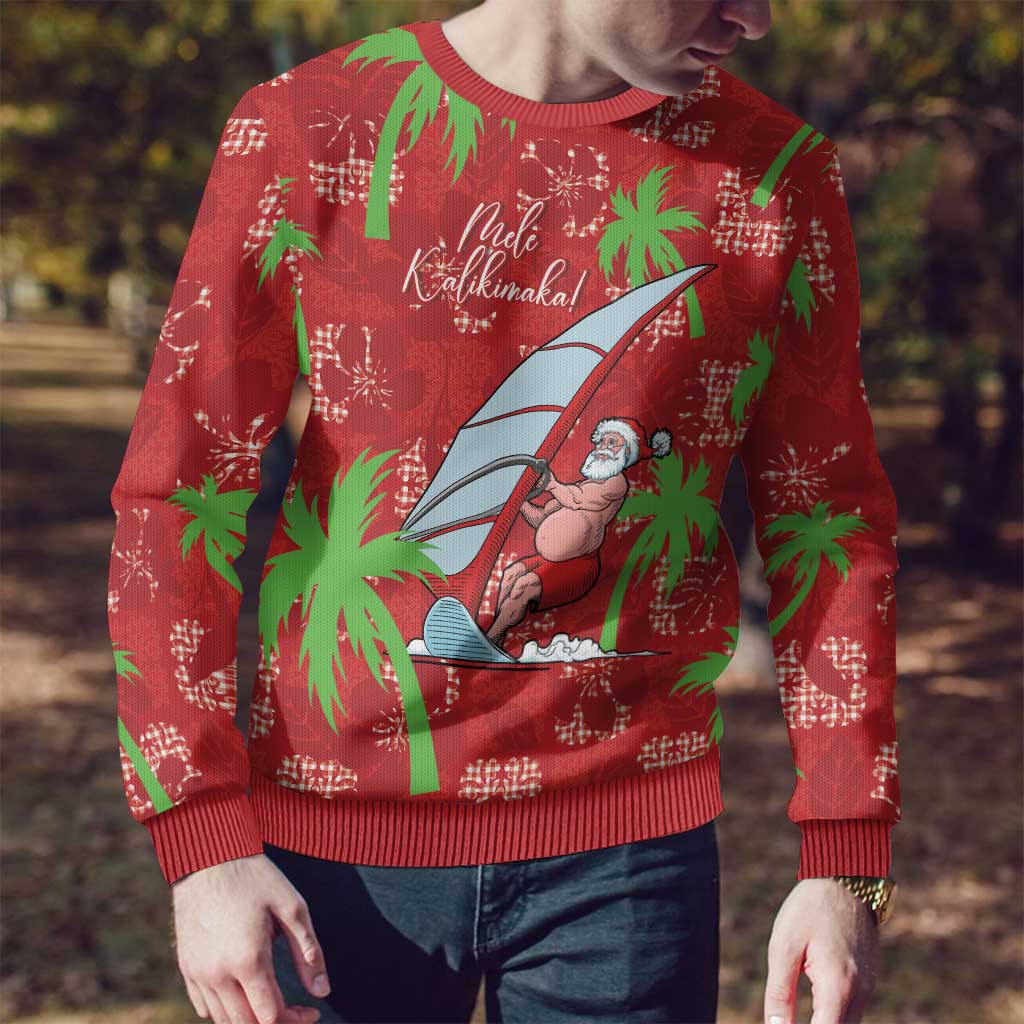 Aloha Hawaii Christmas Ugly Christmas Sweater Mele Kalikimaka Windsurfing Santa Palaka Quilt Motifs - Polynesian Pride