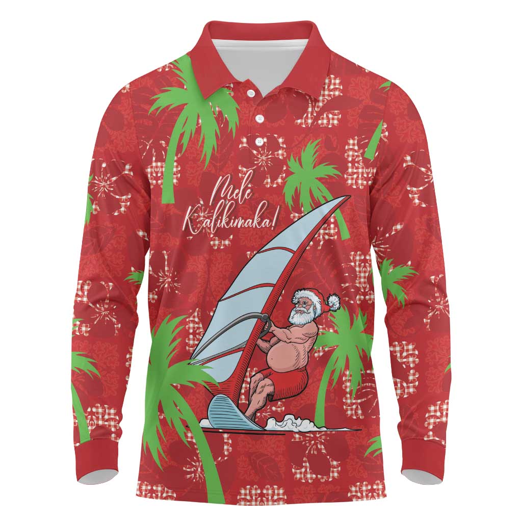 Aloha Hawaii Christmas Long Sleeve Polo Shirt Mele Kalikimaka Windsurfing Santa Palaka Quilt Motifs - Polynesian Pride