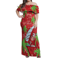 Aloha Hawaii Christmas Off Shoulder Maxi Dress Mele Kalikimaka Windsurfing Santa Palaka Quilt Motifs - Polynesian Pride