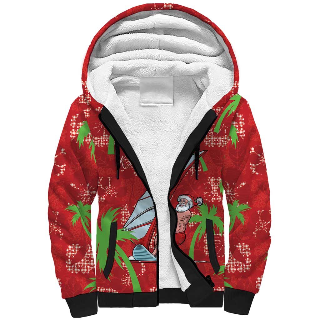 Aloha Hawaii Christmas Sherpa Hoodie Mele Kalikimaka Windsurfing Santa Palaka Quilt Motifs - Polynesian Pride