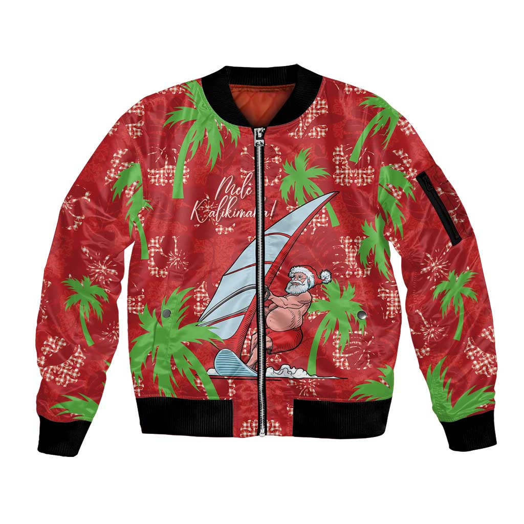 Aloha Hawaii Christmas Sleeve Zip Bomber Jacket Mele Kalikimaka Windsurfing Santa Palaka Quilt Motifs LT14 Unisex Red - Polynesian Pride