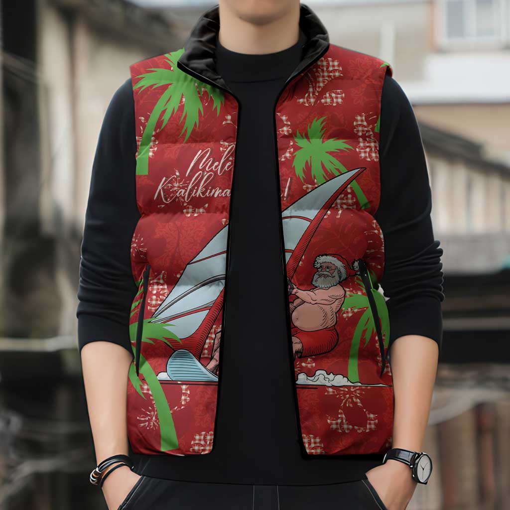 Aloha Hawaii Christmas Sleeveless Puffer Jacket Mele Kalikimaka Windsurfing Santa Palaka Quilt Motifs - Polynesian Pride