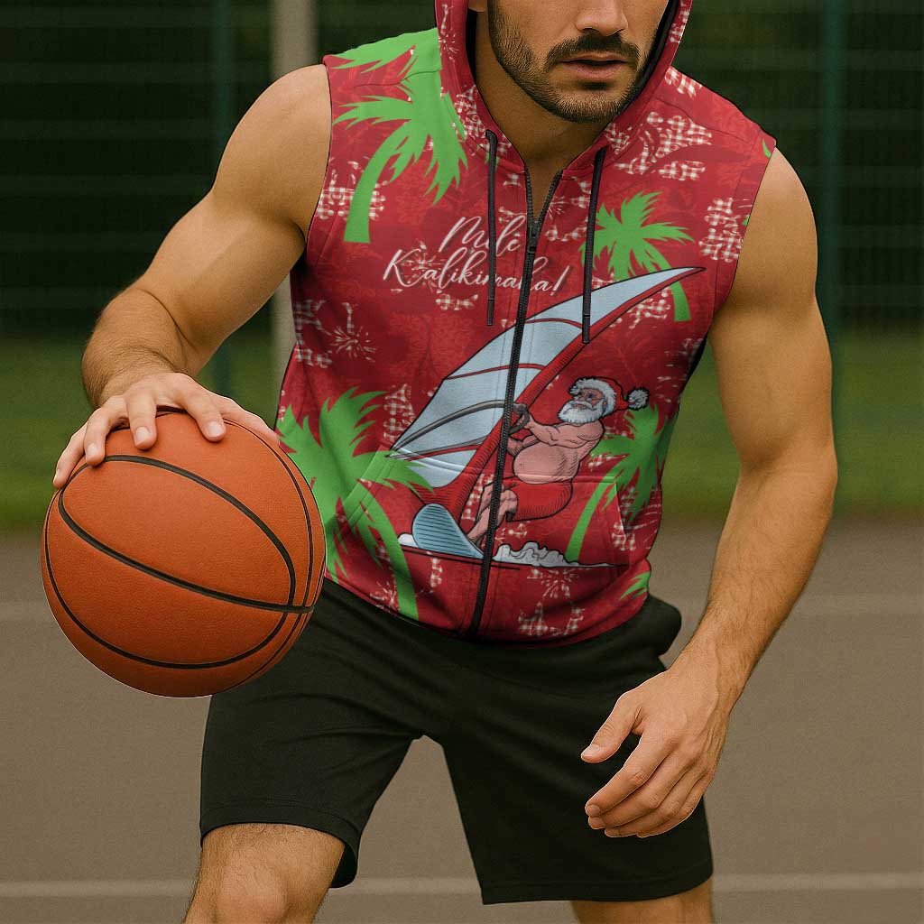 Aloha Hawaii Christmas Sleeveless Zip Hoodie Mele Kalikimaka Windsurfing Santa Palaka Quilt Motifs LT14