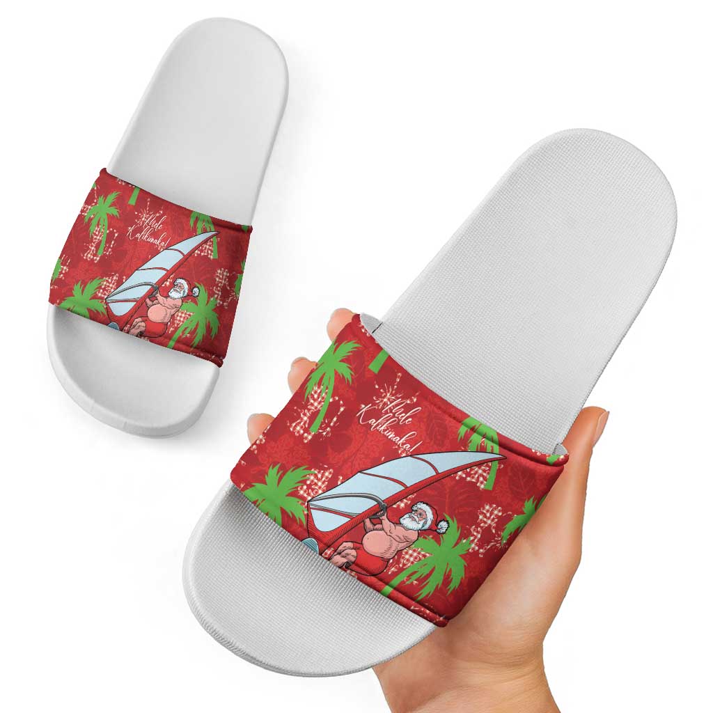 Aloha Hawaii Christmas Slide Sandals Mele Kalikimaka Windsurfing Santa Palaka Quilt Motifs - Polynesian Pride