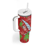 Aloha Hawaii Christmas Tumbler With Handle Mele Kalikimaka Windsurfing Santa Palaka Quilt Motifs - Polynesian Pride