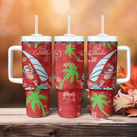 Aloha Hawaii Christmas Tumbler With Handle Mele Kalikimaka Windsurfing Santa Palaka Quilt Motifs - Polynesian Pride