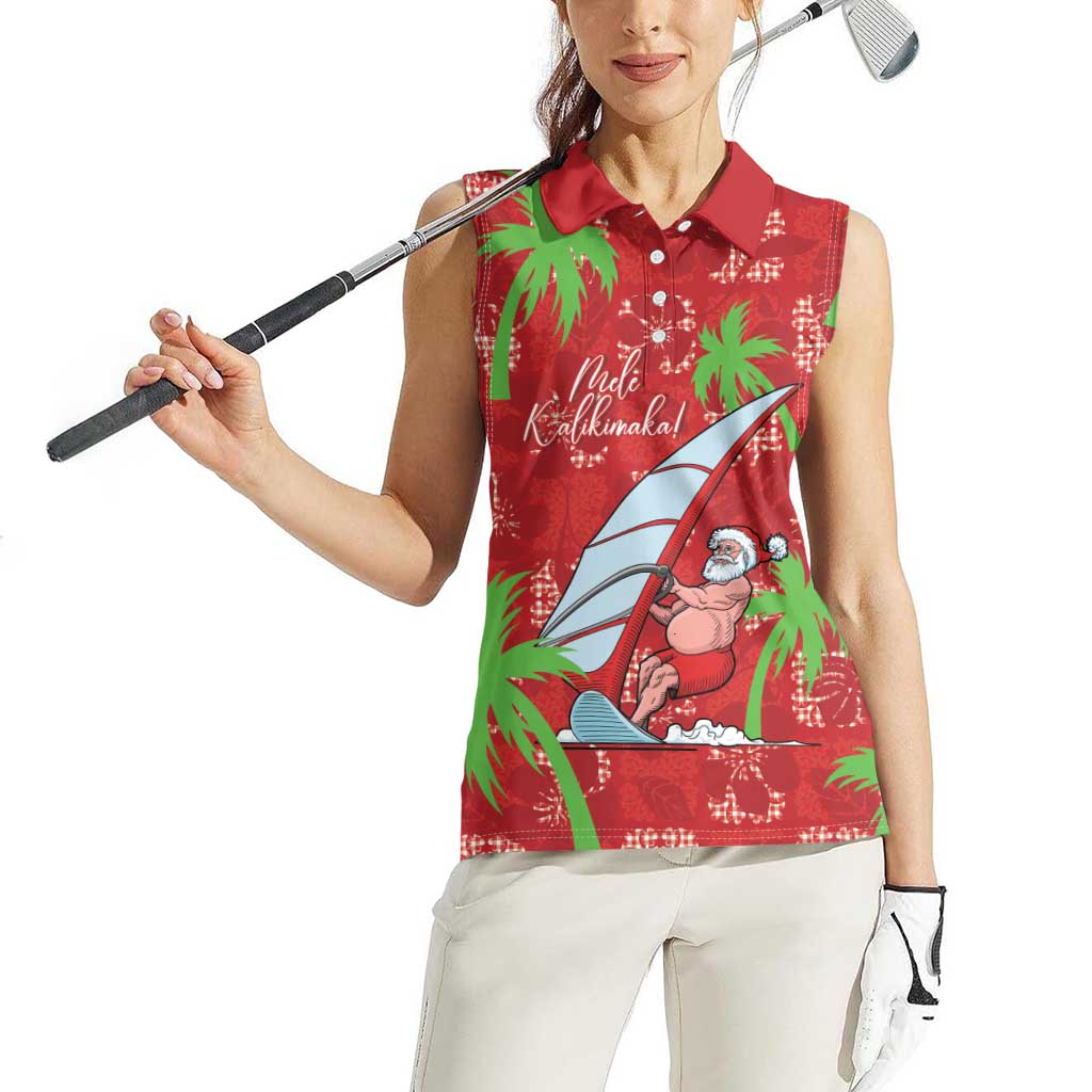 Aloha Hawaii Christmas Women Sleeveless Polo Shirt Mele Kalikimaka Windsurfing Santa Palaka Quilt Motifs - Polynesian Pride