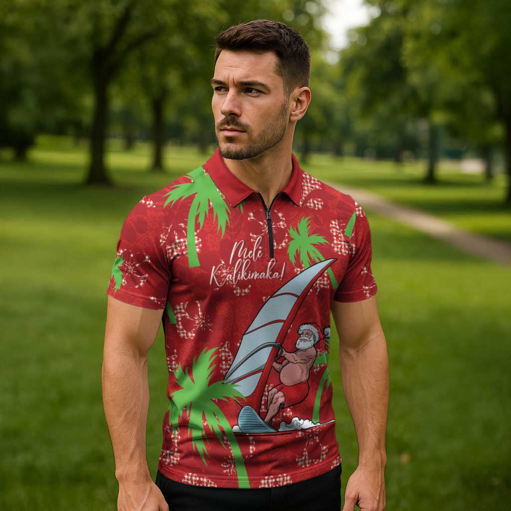 Aloha Hawaii Christmas Zipper Polo Shirt Mele Kalikimaka Windsurfing Santa Palaka Quilt Motifs - Polynesian Pride