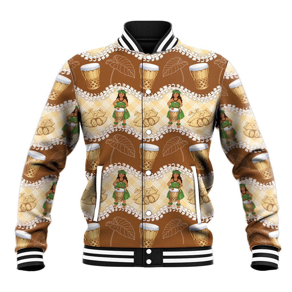 Hula Pahu Hawaii Makahiki Baseball Jacket Hawaiian Puakenikeni Lei Kalo Uala Palaka Motifs LT14 Unisex Brown - Polynesian Pride