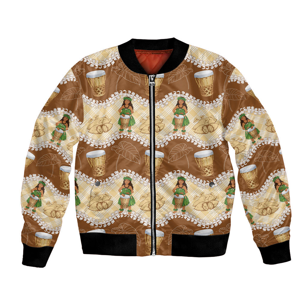 Hula Pahu Hawaii Makahiki Bomber Jacket Hawaiian Puakenikeni Lei Kalo Uala Palaka Motifs