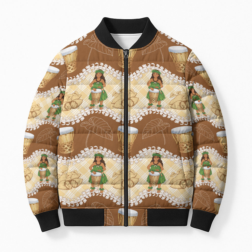 Hula Pahu Hawaii Makahiki Bomber Puffer Jacket Hawaiian Puakenikeni Lei Kalo Uala Palaka Motifs LT14 Unisex Brown - Polynesian Pride